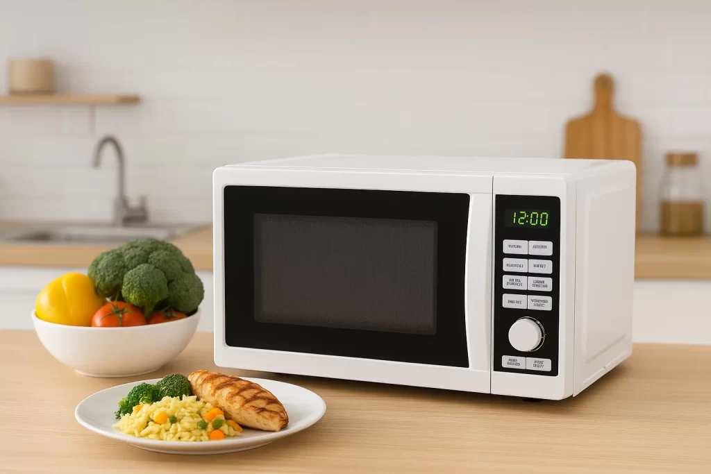 forno de micro-ondas na bancada com pratos com alimentos ao redor