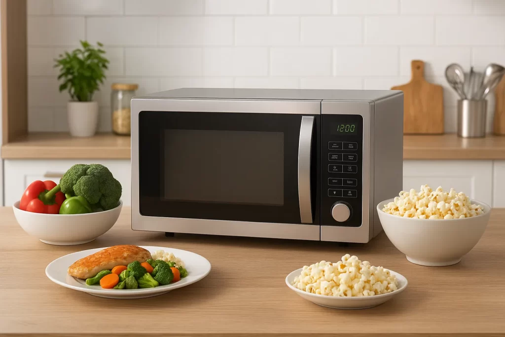 Forno de micro-ondas na bancada da cozinha com alimentos em pratos ao redor
